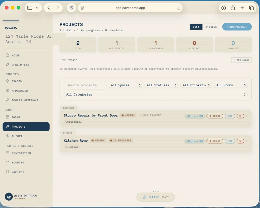 Eave web app — projects dashboard
