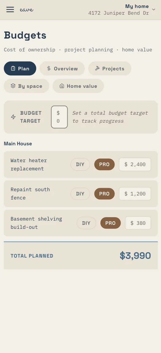 Eave Budgets plan on a phone: each project toggled DIY or PRO with its estimate