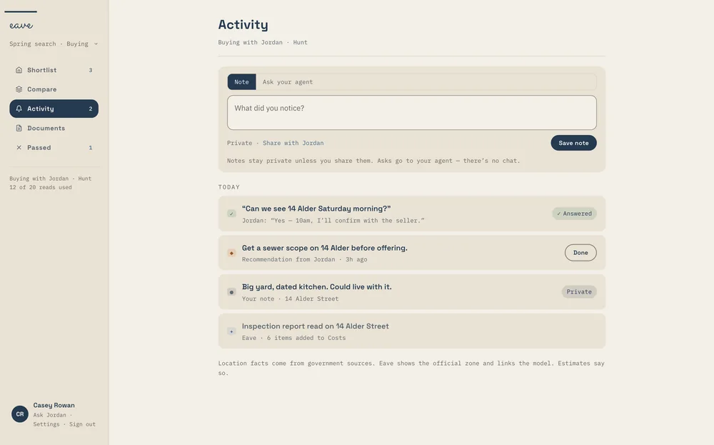 The search activity feed: a note box with Private or Share with Jordan, an answered Ask about a Saturday showing, a recommendation to get a sewer scope, a private note, and an inspection report read