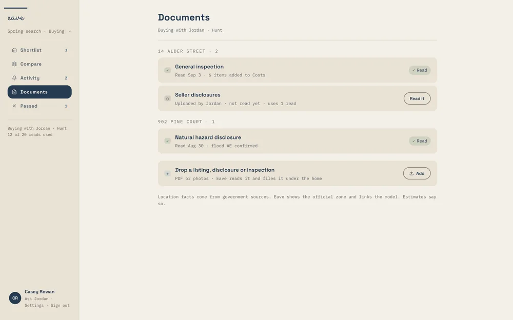 Documents on a search: a general inspection read into six cost items, seller disclosures not read yet, a natural hazard disclosure with flood zone AE confirmed, and a drop zone for listings, disclosures, and inspections