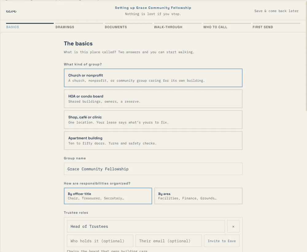 Eave Commercial setup for a church: the basics step with group type, name, and trustee roles