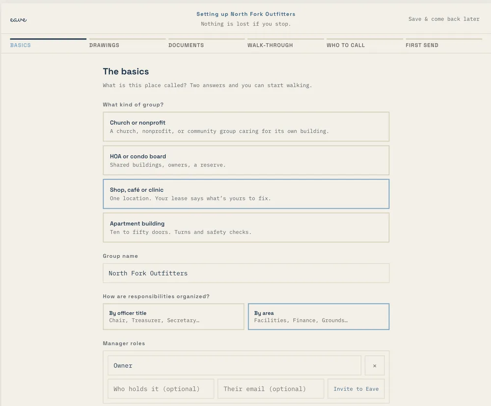 Eave Commercial setup for a shop: the basics step with owner and manager roles organized by area