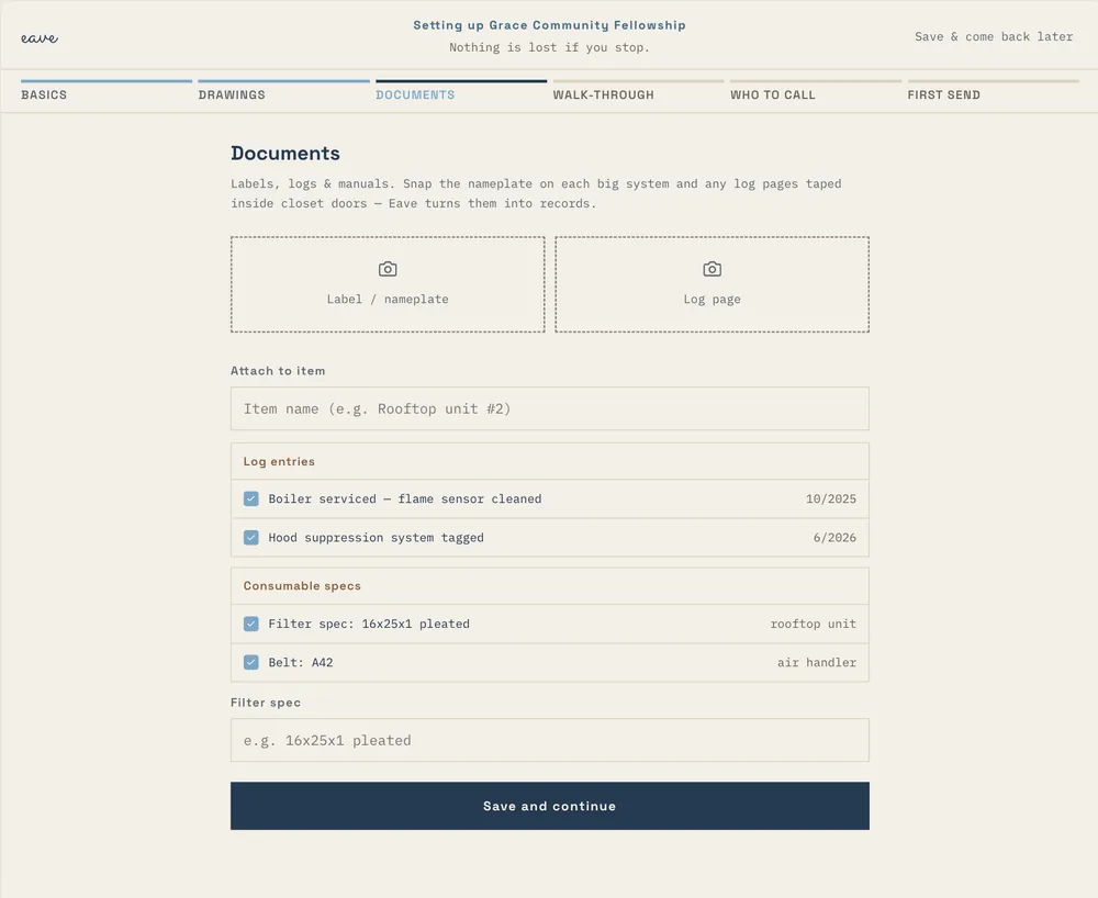 Eave Commercial setup, Documents: nameplates and log pages turned into log entries and consumable specs