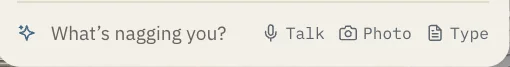The capture bar on the Home page: What is nagging you? Talk, Photo, Type