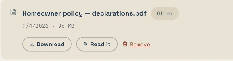 A document row with Download, Read it, and Remove
