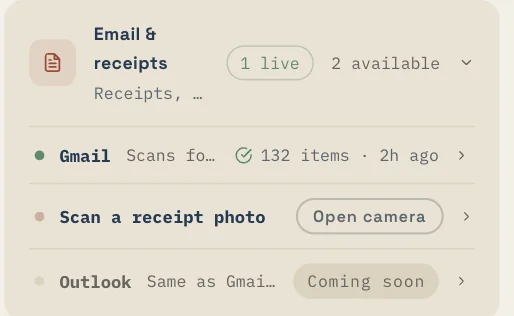 Email and receipts source card: Gmail live with 132 items, scan a receipt photo, Outlook coming soon