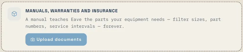The manuals, warranties, and insurance upload card from setup