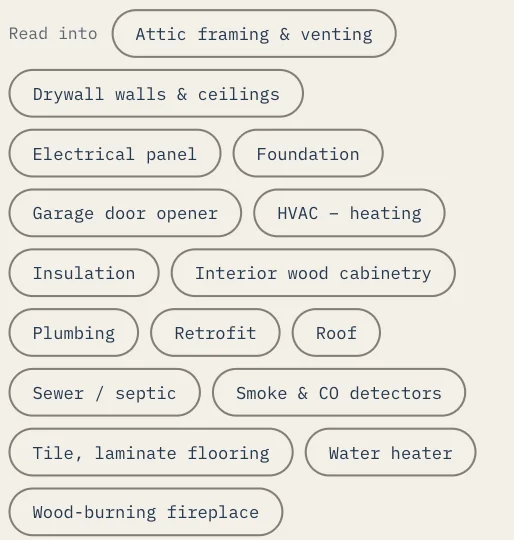 The read-into filter chips on Documents: attic framing, drywall, electrical panel, HVAC, insulation, plumbing, roof, water heater, and more