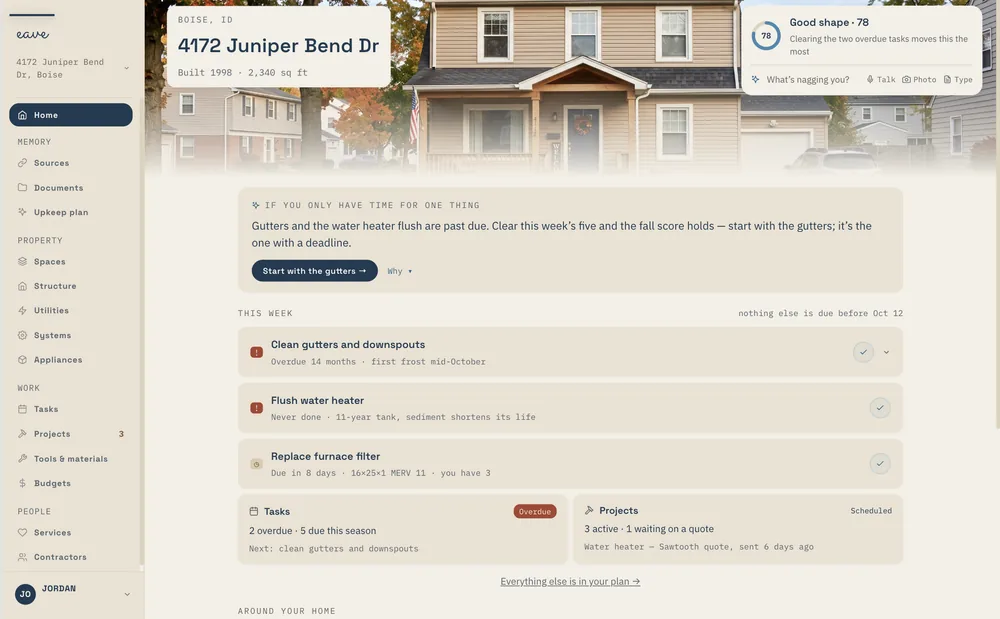 Eave web app — the home page: score, the one thing to do first, and this week