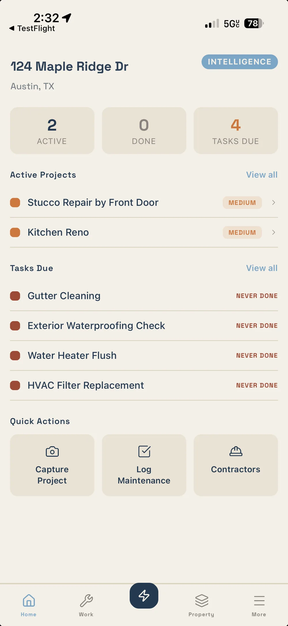 Eave home dashboard on a phone showing active projects and the maintenance tasks due this week