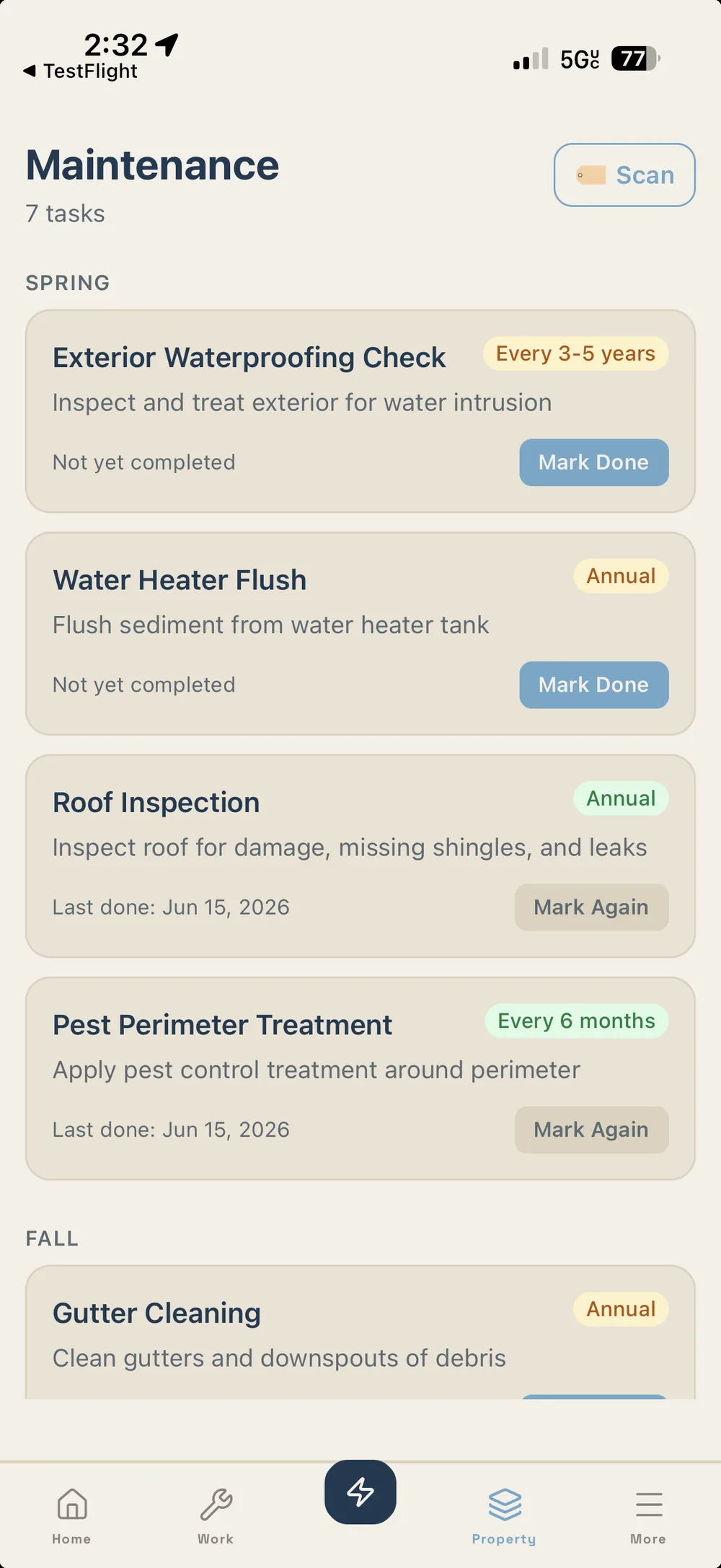 Eave seasonal maintenance view on a phone showing upcoming tasks with timing and reasoning