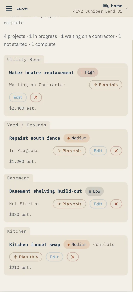 Eave Projects on a phone: four projects by room with priority, status, and estimate