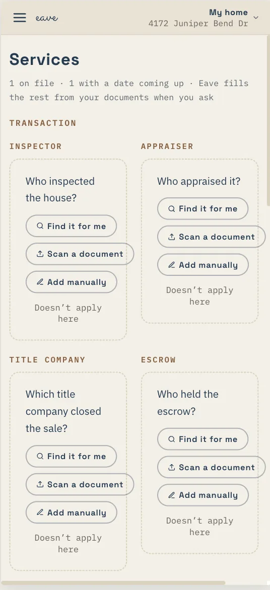 Eave Services on mobile: inspector, appraiser, title company, and escrow, each found for you or added from a document