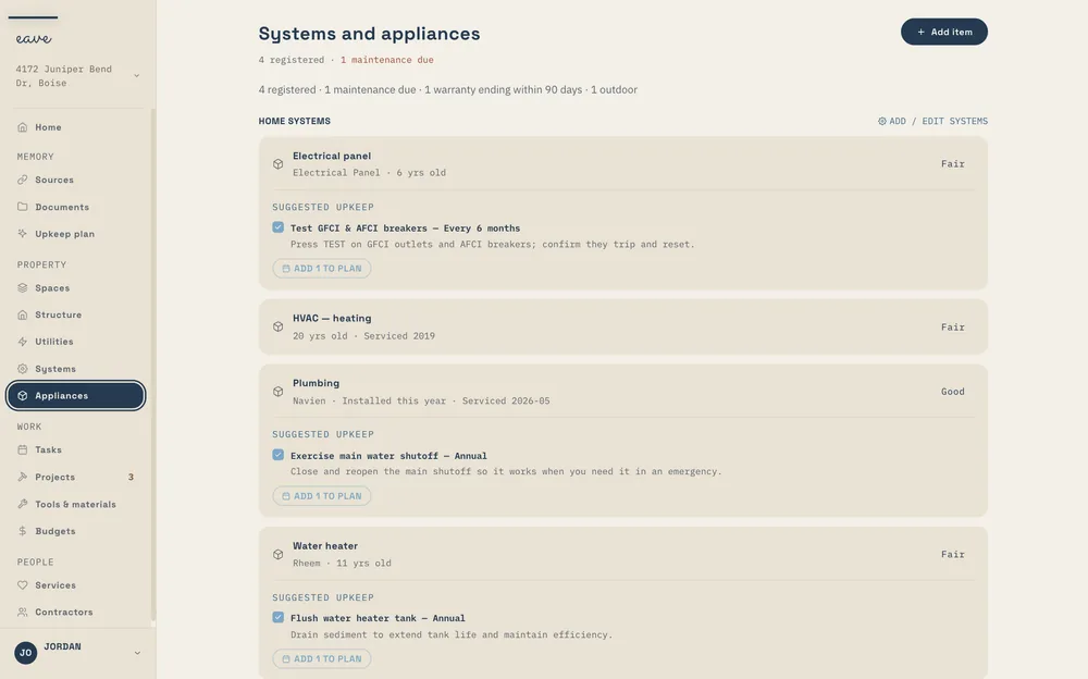 Eave home knowledge base — systems and appliances with their ages, condition, and suggested upkeep