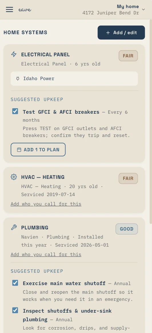 Eave Systems on mobile: electrical panel, heating, and plumbing with the utility that serves each and suggested upkeep