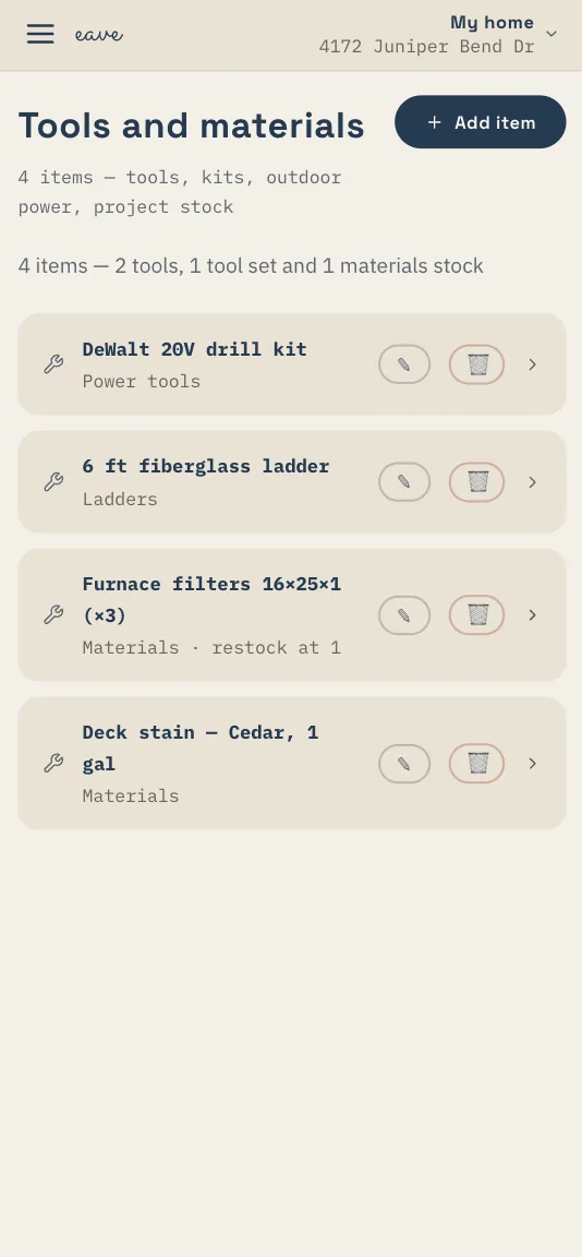 Eave Tools and materials on a phone: drill kit, ladder, furnace filters with a restock point, deck stain
