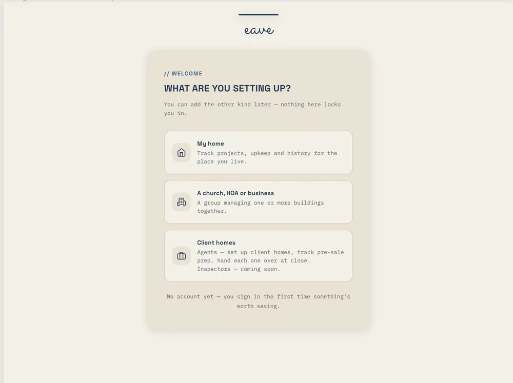 Eave welcome screen: what are you setting up?